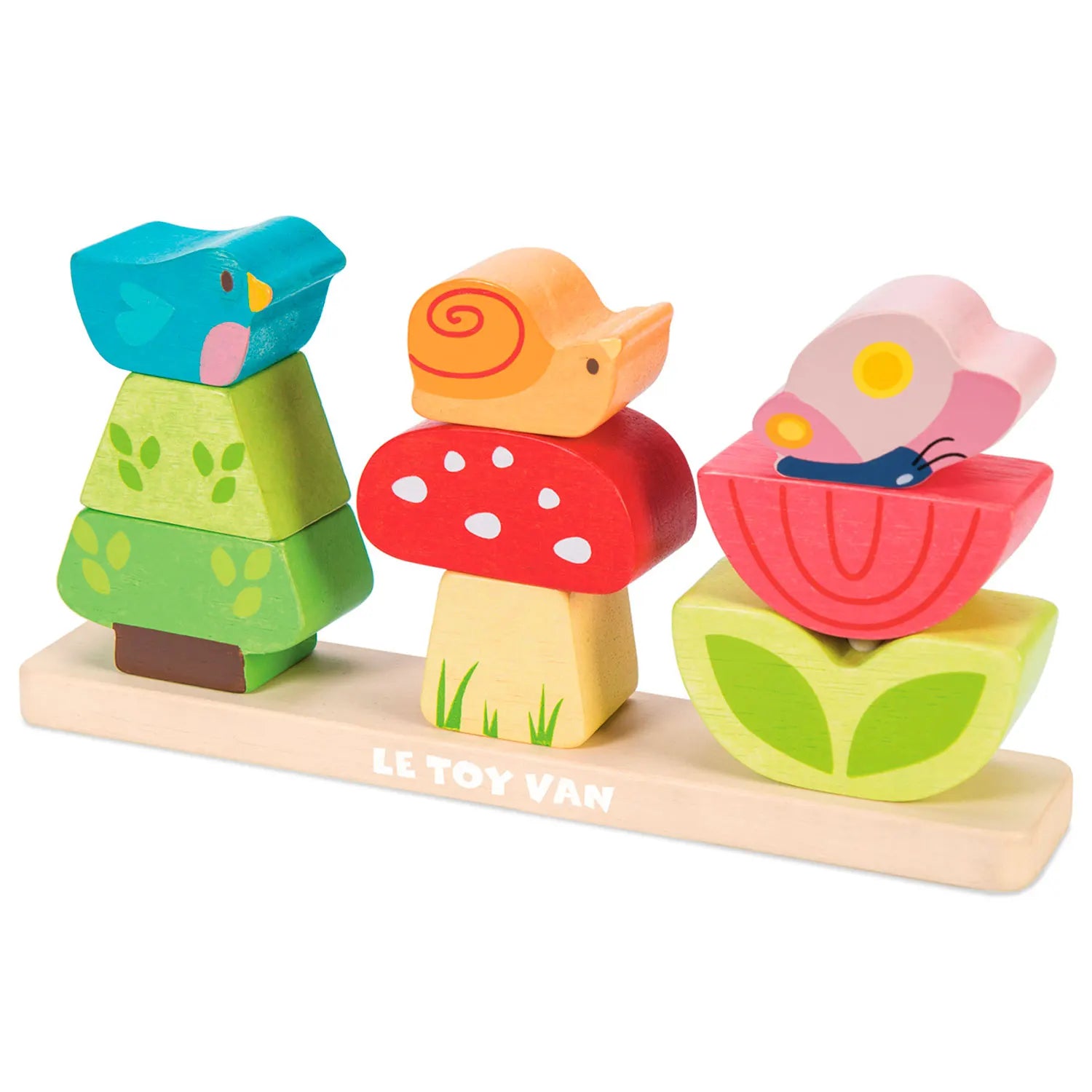 Charmant houten speelgoed van Le Toy Van met 9 kleurrijke stapelbare stukken.