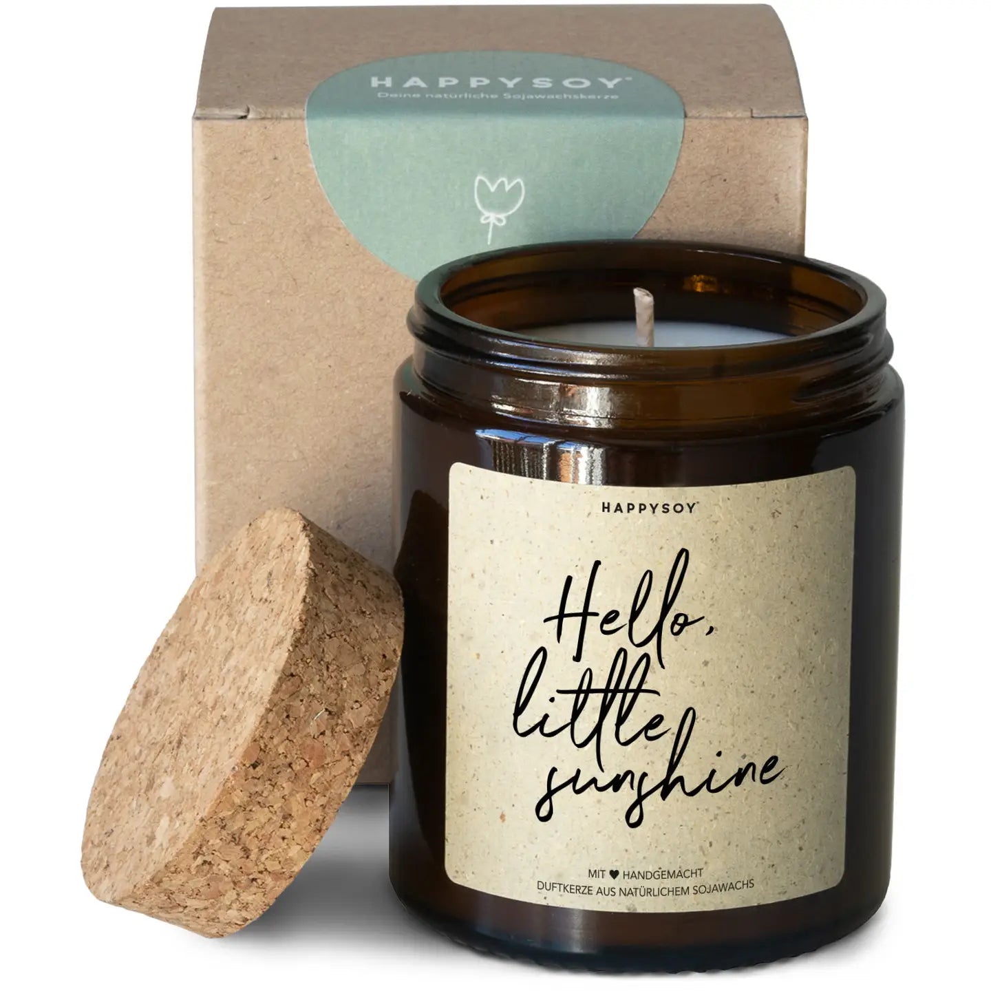 Scented candle with inscription 'Hello little sunshine'