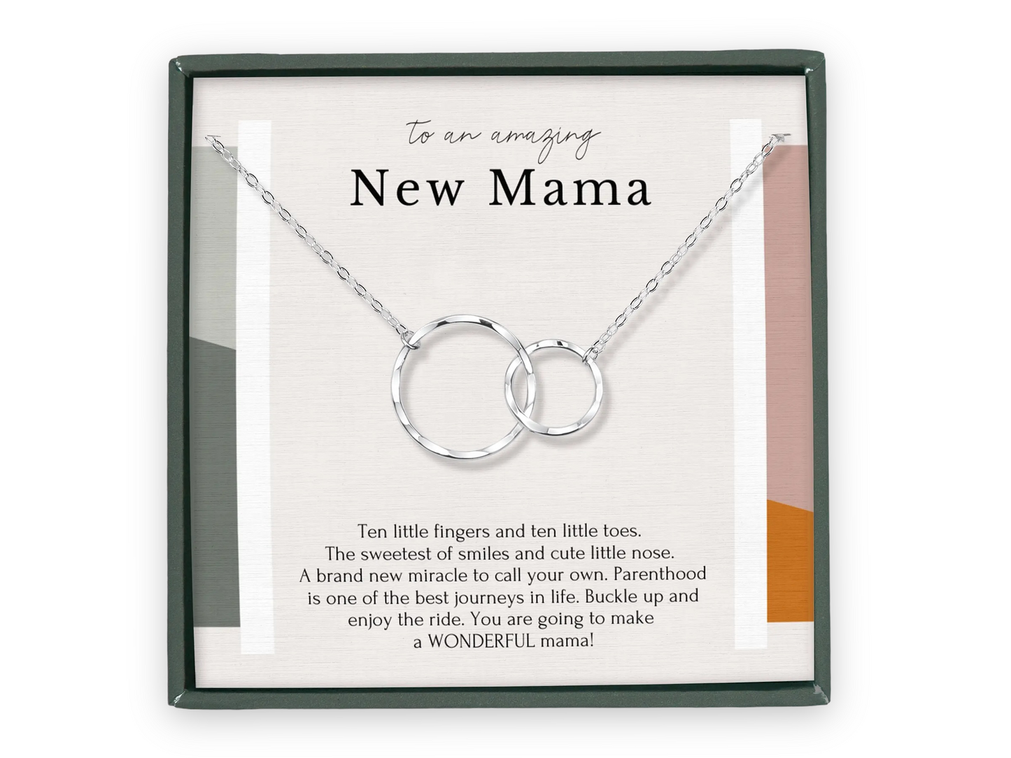 Een prachtige nieuwe mama ketting met 2 cirkels en een betekenisvolle boodschap voor de toekomstige mama, handgemaakt, van sterling zilver