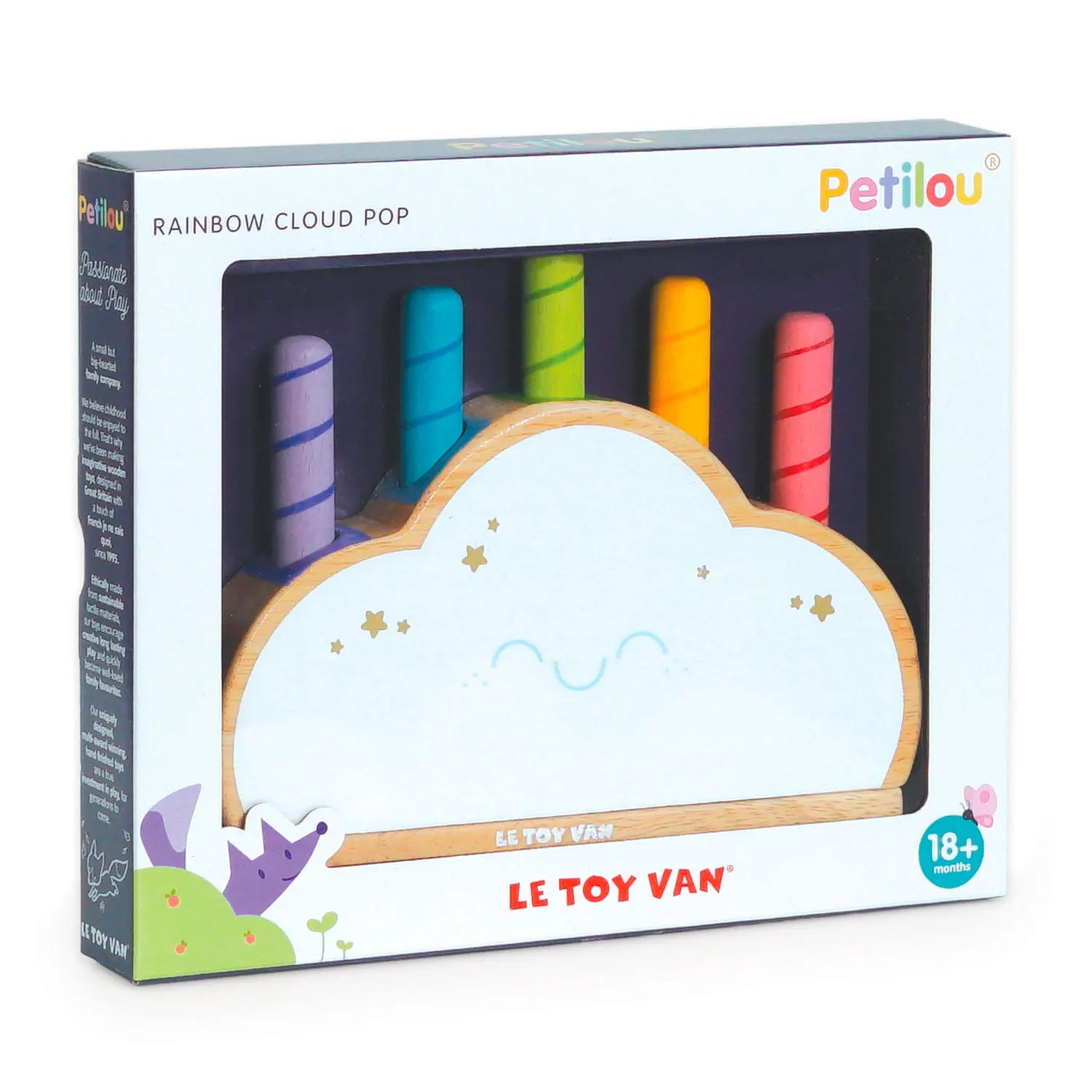 Een houten wolk van Le Toy Van met vijf kleurrijke regenboog pop-up sticks (in drie lengtes) en verborgen veren - verpakking